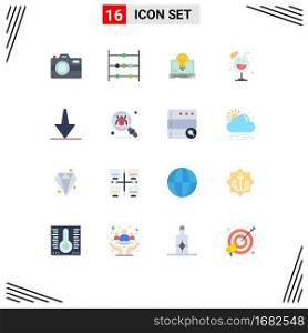 16 User Interface Flat Color Pack of modern Signs and Symbols of down, arrow, success, drink, night Editable Pack of Creative Vector Design Elements