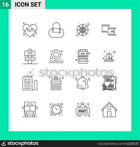 16 User Interface Outline Pack of modern Signs and Symbols of beach, sign, network, holiday, editing Editable Vector Design Elements