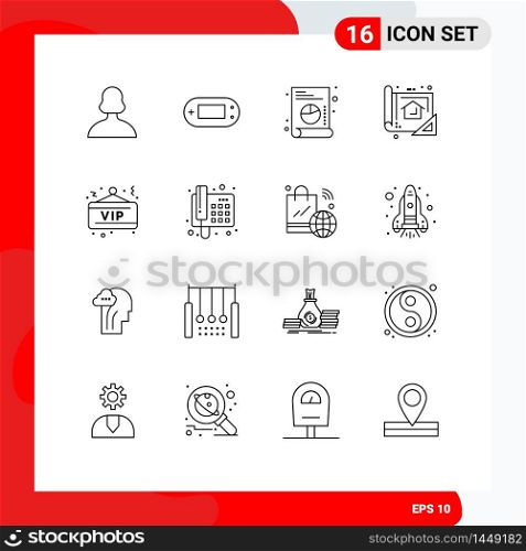 16 User Interface Outline Pack of modern Signs and Symbols of board, print, web, planning, blue Editable Vector Design Elements