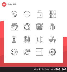16 User Interface Outline Pack of modern Signs and Symbols of bowl, image, arrow, frame, security Editable Vector Design Elements