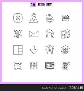 16 User Interface Outline Pack of modern Signs and Symbols of desk, business, pin, workplace, tourism Editable Vector Design Elements