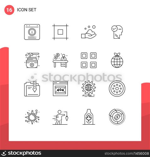 16 User Interface Outline Pack of modern Signs and Symbols of lotus, thinking, cleaning, solution, mind Editable Vector Design Elements