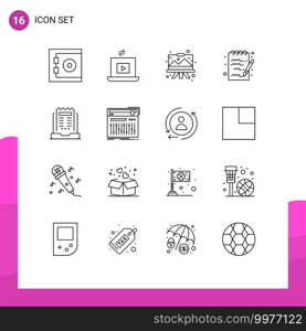 16 User Interface Outline Pack of modern Signs and Symbols of news, business, drawing, notepad, document Editable Vector Design Elements