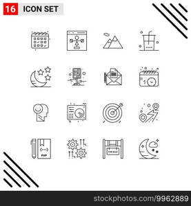 16 User Interface Outline Pack of modern Signs and Symbols of night, crescent, c&ing, shopping, food Editable Vector Design Elements