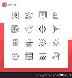 16 User Interface Outline Pack of modern Signs and Symbols of paper, file, women, document, tv Editable Vector Design Elements