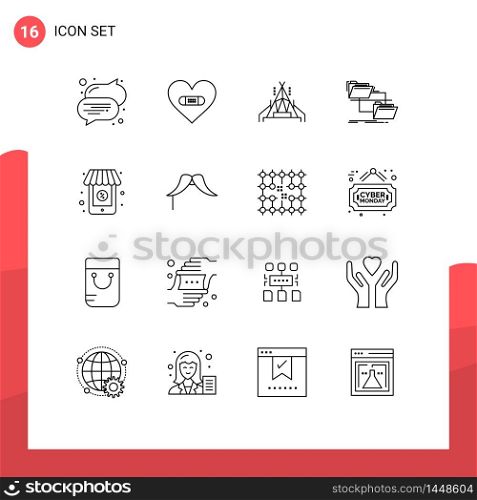 16 User Interface Outline Pack of modern Signs and Symbols of shopping, copy, camp, move, file Editable Vector Design Elements