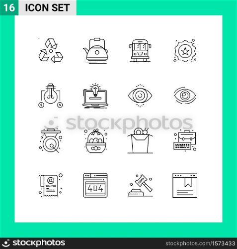 16 User Interface Outline Pack of modern Signs and Symbols of shopping, label, camping, badge, transport Editable Vector Design Elements