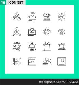 16 User Interface Outline Pack of modern Signs and Symbols of shopping, label, camping, badge, transport Editable Vector Design Elements