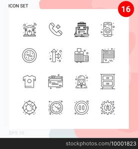 16 User Interface Outline Pack of modern Signs and Symbols of turn on, switch, delete, app, data Editable Vector Design Elements