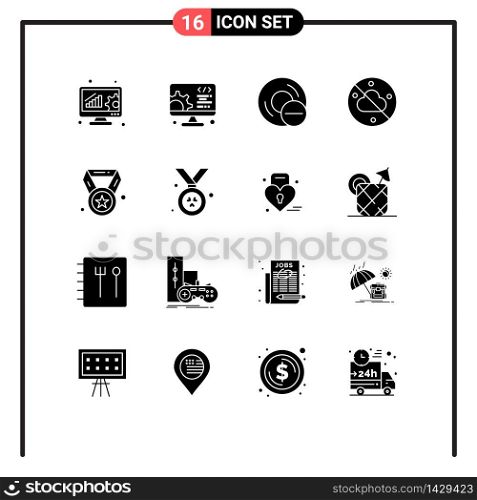16 User Interface Solid Glyph Pack of modern Signs and Symbols of award, weather, computers, sky, hardware Editable Vector Design Elements