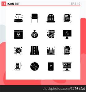16 User Interface Solid Glyph Pack of modern Signs and Symbols of search, media, sewing, engine, education Editable Vector Design Elements