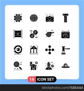 16 User Interface Solid Glyph Pack of modern Signs and Symbols of high, hd in filmmaking, email, hd film, screw Editable Vector Design Elements