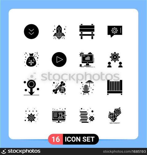 16 User Interface Solid Glyph Pack of modern Signs and Symbols of christmas, bag, bench, chat support, chat preferences Editable Vector Design Elements