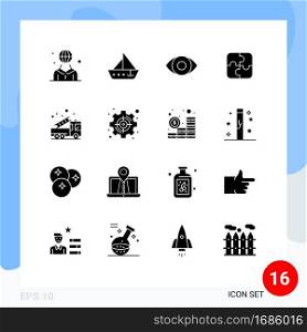 16 User Interface Solid Glyph Pack of modern Signs and Symbols of alarm, strategy, vehicles, parts, panorama Editable Vector Design Elements