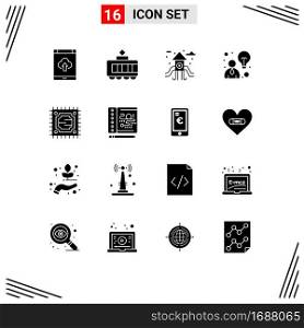 16 User Interface Solid Glyph Pack of modern Signs and Symbols of creative, microchip, city, cpu, idea Editable Vector Design Elements