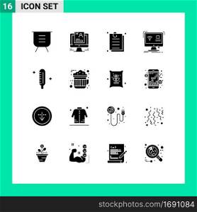 16 User Interface Solid Glyph Pack of modern Signs and Symbols of monitor, control, computer, website, online Editable Vector Design Elements