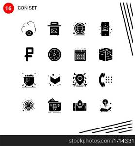 16 User Interface Solid Glyph Pack of modern Signs and Symbols of dinner, rubble, worldwide, money, cake Editable Vector Design Elements