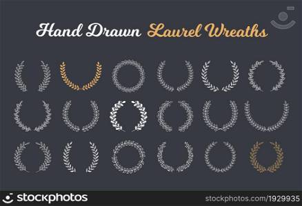 18 Hand drawn laurel wreaths on dark background, vector eps10 illustration. Hand Drawn Laurel Wreaths