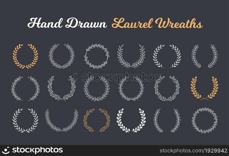 18 Hand drawn laurel wreaths on dark background, vector eps10 illustration. Hand Drawn Laurel Wreaths
