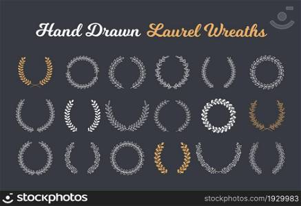 18 Hand drawn laurel wreaths on dark background, vector eps10 illustration. Laurel Wreaths