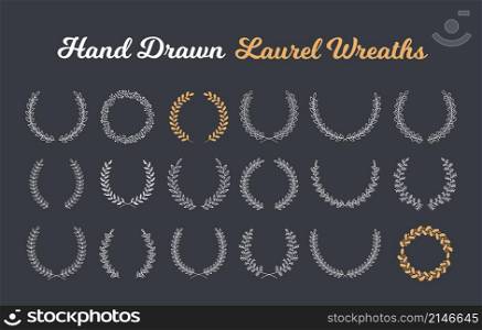 18 Hand drawn laurel wreaths on dark background, vector eps10 illustration. Laurel Wreaths