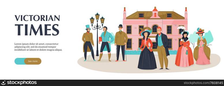 18th 19th century victorian old town fashion horizontal banner with editable text button and medieval scenery vector illustration