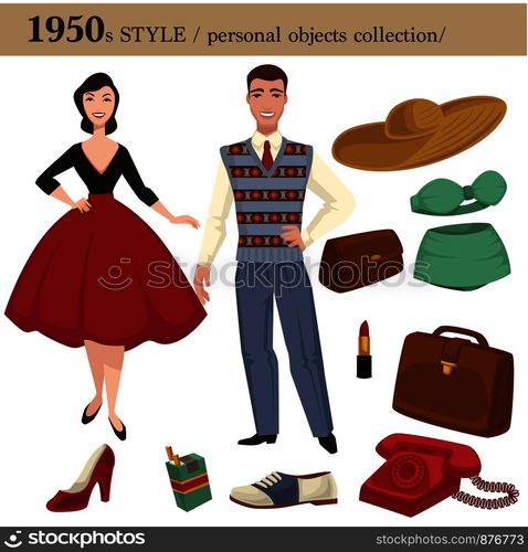 1950 fashion style of man and woman clothes garments and personal objects collection. Vector retro dress or suit with shoes, hats and wearable accessories. 1950 fashion style man and woman personal objects