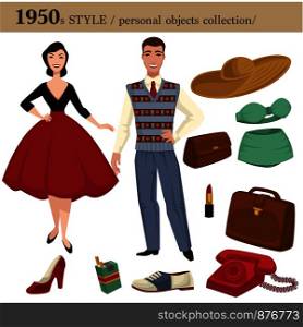 1950 fashion style of man and woman clothes garments and personal objects collection. Vector retro dress or suit with shoes, hats and wearable accessories. 1950 fashion style man and woman personal objects