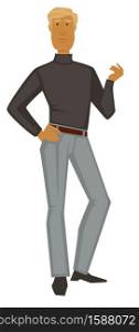 1960s fashion, blond guy in knitted turtleneck and pants, 60s fashion style vector. Male character in vintage clothes, minimalistic look. Clothing design and old-fashioned outfit, model and vogue. Blond guy in turtleneck and pants, 1960s fashion style