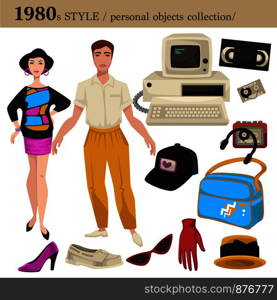 1980 fashion style of man and woman clothes garments and personal objects collection. Vector dress or suit with shoes, wearable accessories and electronic devices or appliances. 1980 fashion style man and woman personal objects