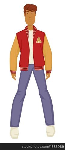 1980s fashion style, guy in baseball team jacket, 80s casual style, isolated male character vector. Guy in vintage clothes, denim jeans and white sneakers. Clothing design and old-fashioned outfit. Guy in baseball player jacket, 1980s fashion, casual style