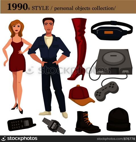 1990 fashion style of man and woman clothes garments and personal objects collection. Vector dress or suit with shoes, wearable accessories and electronic devices or appliances. 1990 fashion style man and woman personal objects