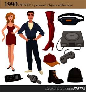 1990 fashion style of man and woman clothes garments and personal objects collection. Vector dress or suit with shoes, wearable accessories and electronic devices or appliances. 1990 fashion style man and woman personal objects