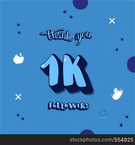 1k followers thank you social media template. Banner for internet networks. 1000 subscribers congratulation post with creative handwritten lettering. Vector illustration.