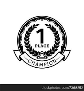 1st Place medal for champion monochrome logotype. Award or reward that given in sport championship emblem isolated cartoon flat vector illustration.. 1st Place Medal for Champion Monochrome Logotype