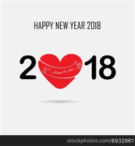2,0,1 and 8 and hand sign with holiday background concept.Red Heart sign and Happy New Year Typographical Design Elements.Happy new year 2018 holiday background.2018 Happy New Year greeting card.Vector illustration