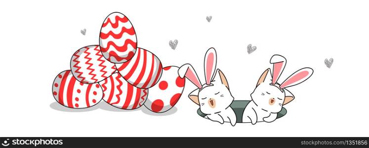 2 bunny cat characters with eggs in Easter egg day