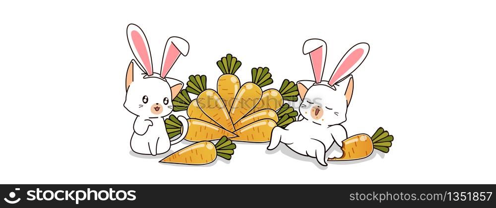 2 bunny cats and carrots in spring day
