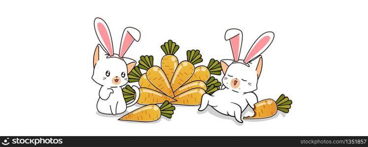 2 bunny cats and carrots in spring day
