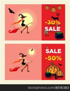 2 Flyers or banner with 30 and 50 percents discount for Halloween sale. Young beautiful girl dressed as a witch flies on a broom in the direction of the sale.