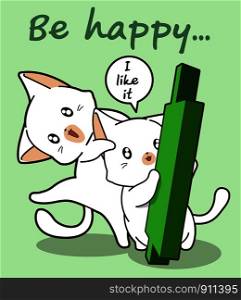 2 kawaii cat characters and a green candle stick in cartoon style.