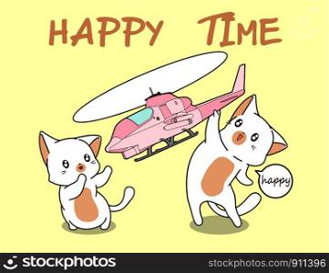 2 kawaii cats are playing helicopter toy.