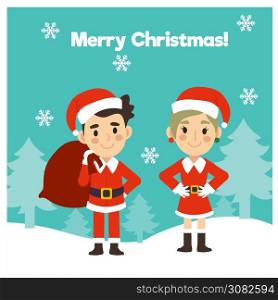2 persons in Santa Claus and mrs claus costume cute cartoon character vector. Merry Christmas greeting card