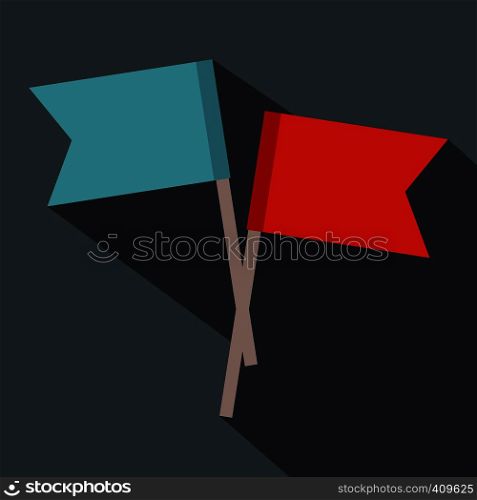 2 small flags flat icon. Red and blue flags on a grey background. 2 small flags flat icon