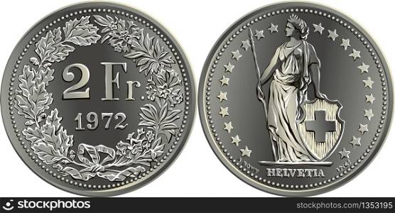 2 Swiss francs coin, reverse 2 Fr in wreath of oak leaves and gentian, obverse Helvetia shown standing and stars, official coin in Switzerland. Swiss money 2 francs silver coin