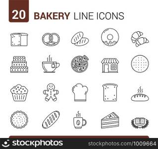 20 Bakery line icons - bread, pies, cookies, donuts and others, vector eps10 illustration. Bakery Line Icons