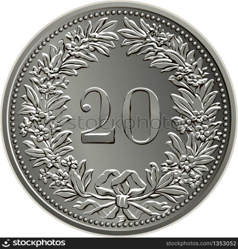 20 centimes coins of the Swiss franc minted reverse with Helvetia shown standing, the official coin used in Switzerland and Liechtenstein. Swiss money coin 20 centimes reverse