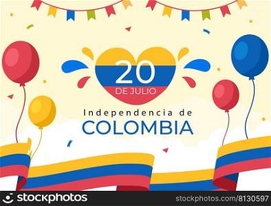 20 De Julio independencia De Colombia Cartoon Illustration with Flags and Balloons for Poster Style Design