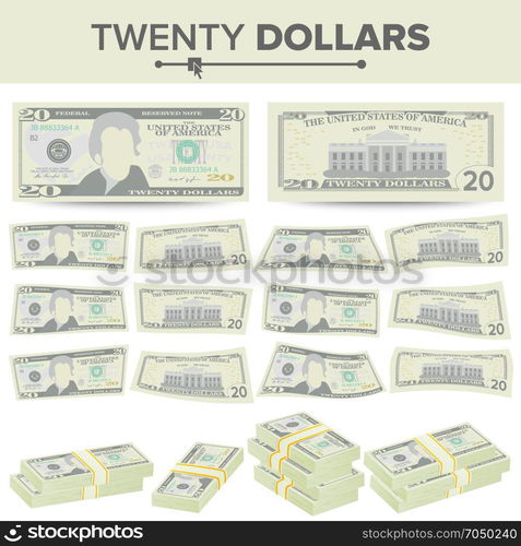 20 Dollars Banknote Vector Cartoon Us Currency Two Sides Of Twenty