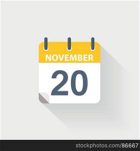 20 november calendar icon. 20 november calendar icon on grey background